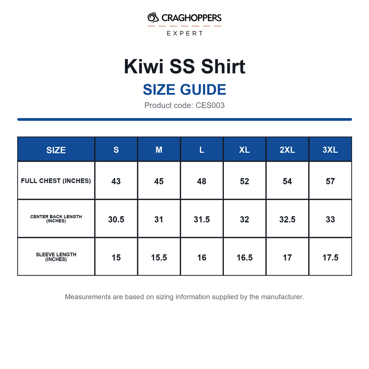 CES003 Craghoppers Expert Kiwi SS Shirt size guide (CES003)