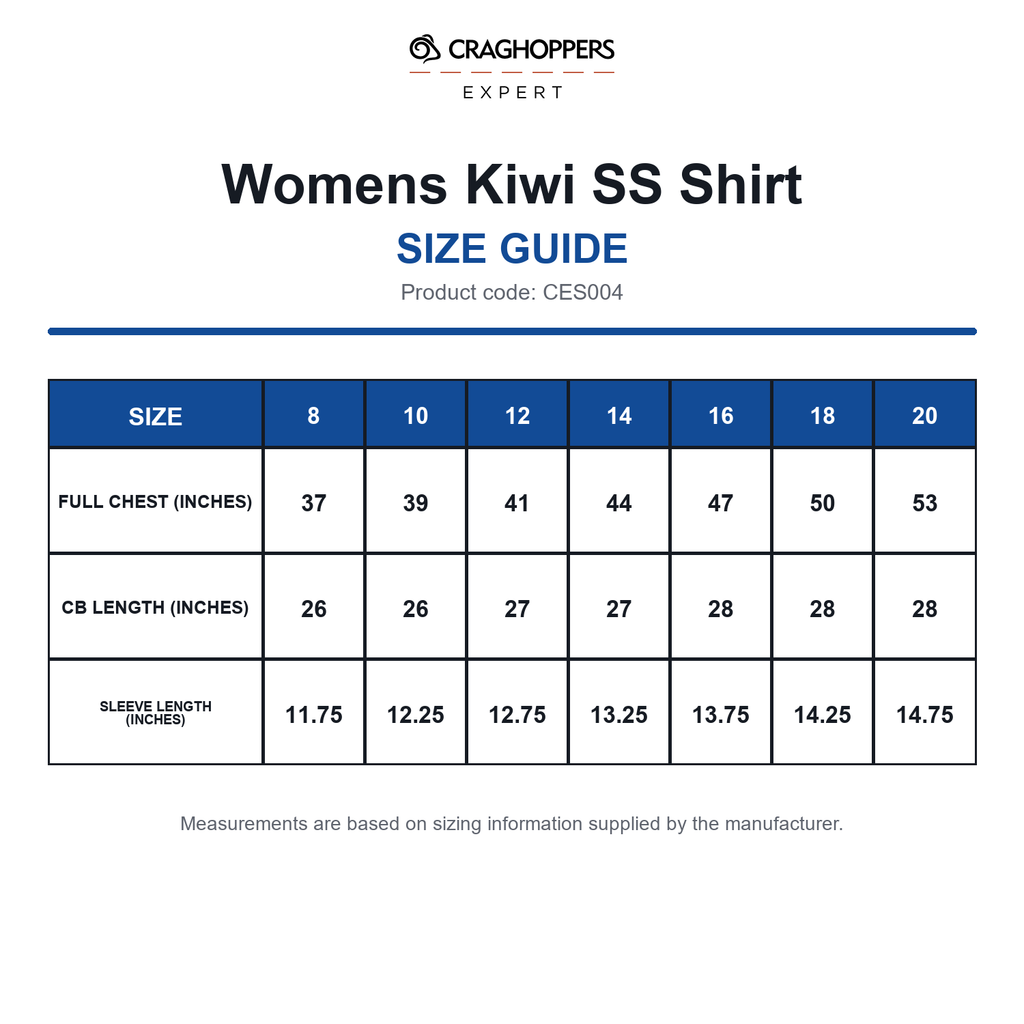 CES004 Craghoppers Expert Womens Kiwi SS Shirt size guide (CES004)