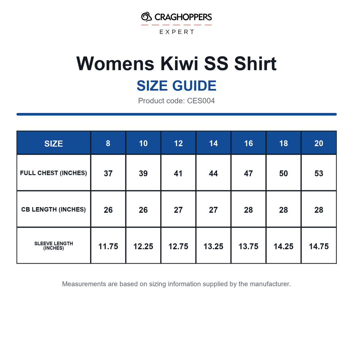CES004 Craghoppers Expert Womens Kiwi SS Shirt size guide (CES004)