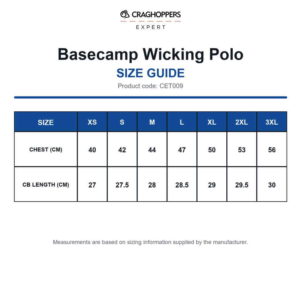 CET009 Craghoppers Expert Basecamp Wicking Polo size guide (CET009)