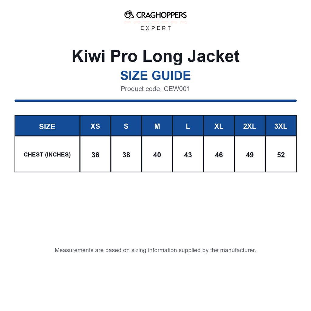 CEW001 Craghoppers Expert Kiwi Pro Long Jacket size guide (CEW001)