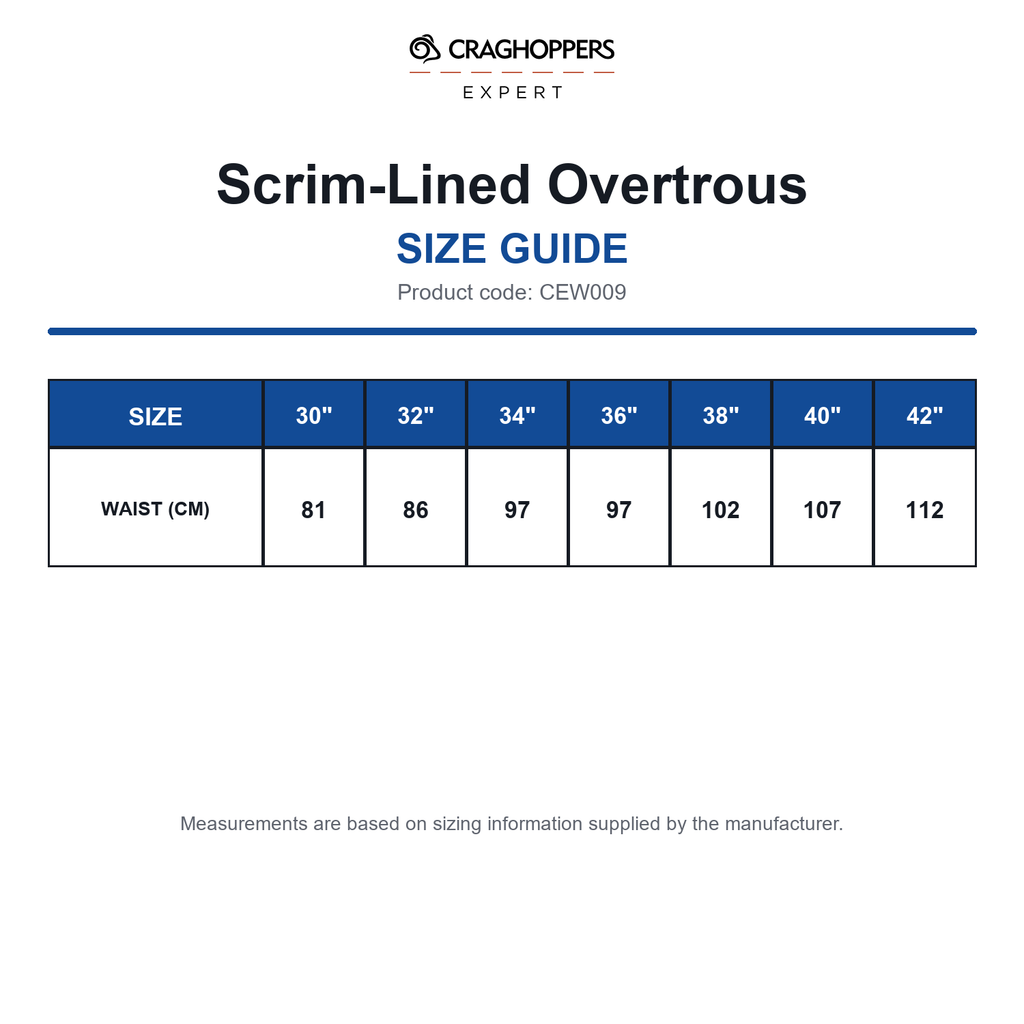 CEW009 Craghoppers Expert Scrim-Lined Overtrous size guide (CEW009)