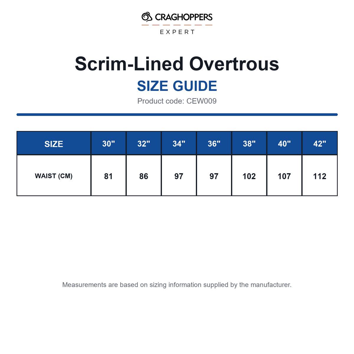 CEW009 Craghoppers Expert Scrim-Lined Overtrous size guide (CEW009)