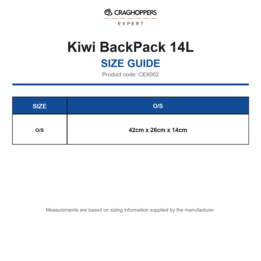 CEX002 Craghoppers Expert Kiwi BackPack 14L size guide (CEX002)