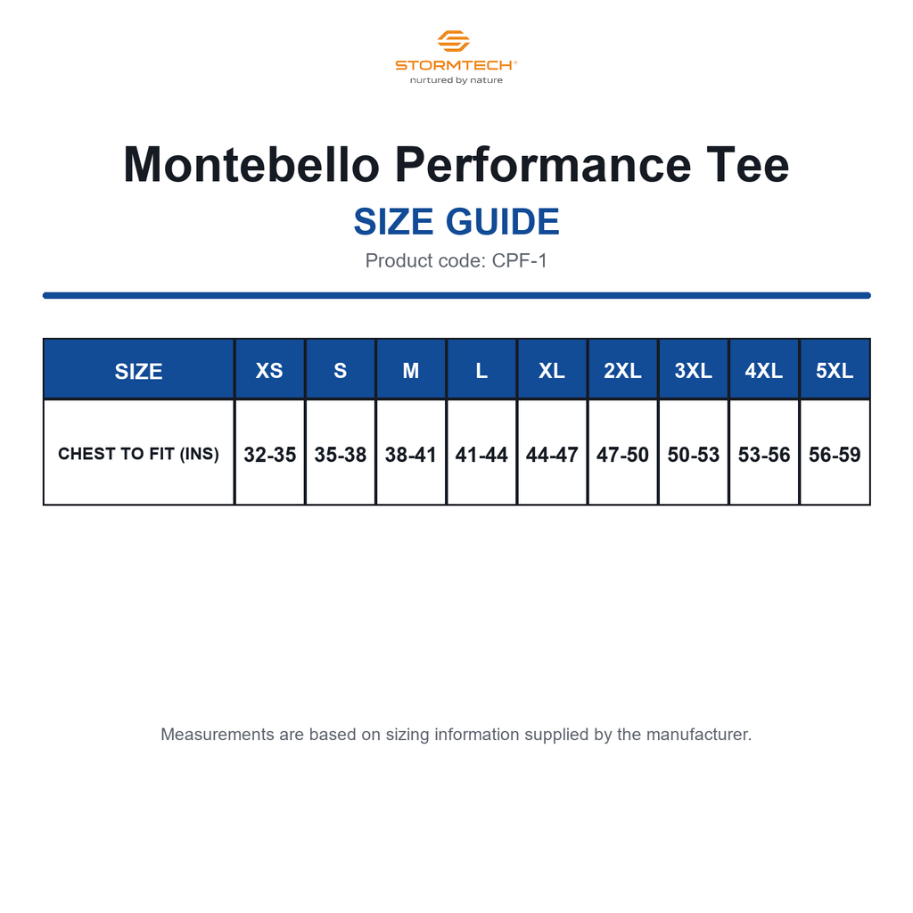 CPF-1 Stormtech Montebello Performance Tee size guide (CPF-1)