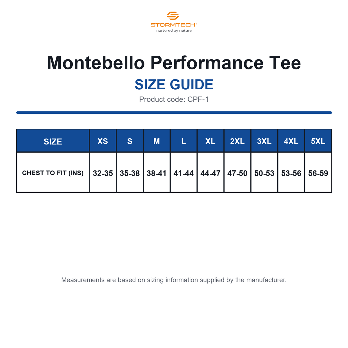CPF-1 Stormtech Montebello Performance Tee size guide (CPF-1)
