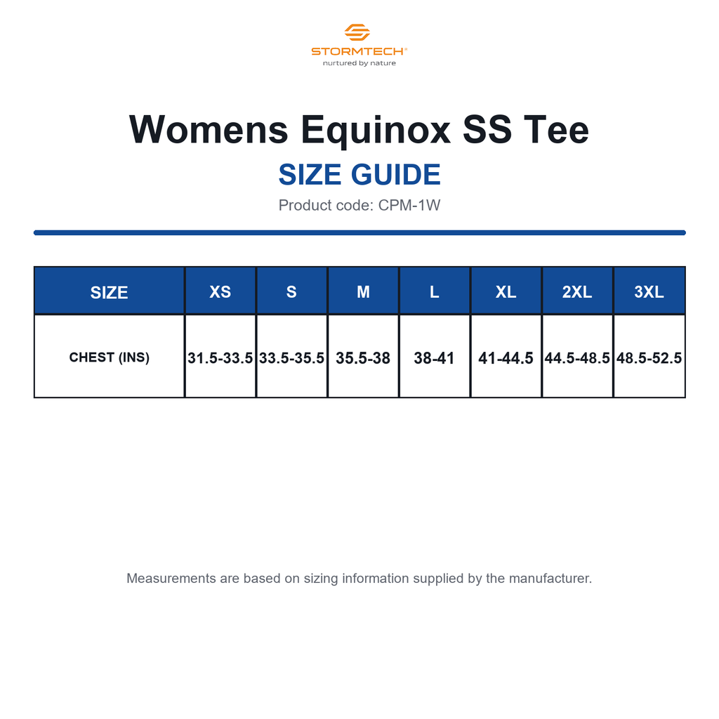 CPM-1W Stormtech Womens Equinox SS Tee size guide (CPM-1W)