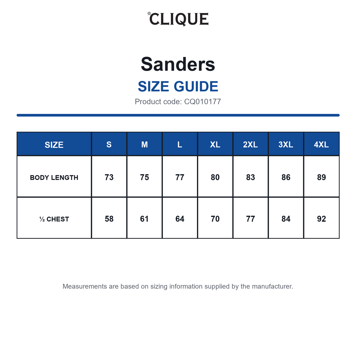CQ010177 Clique Sanders size guide (CQ010177)