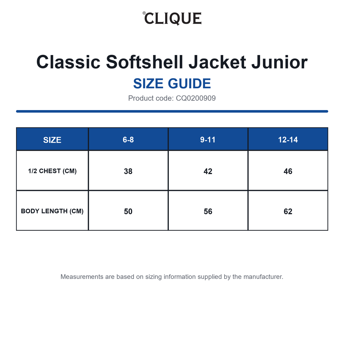 CQ0200909 Clique Classic Softshell Jacket Junior size guide (CQ0200909)