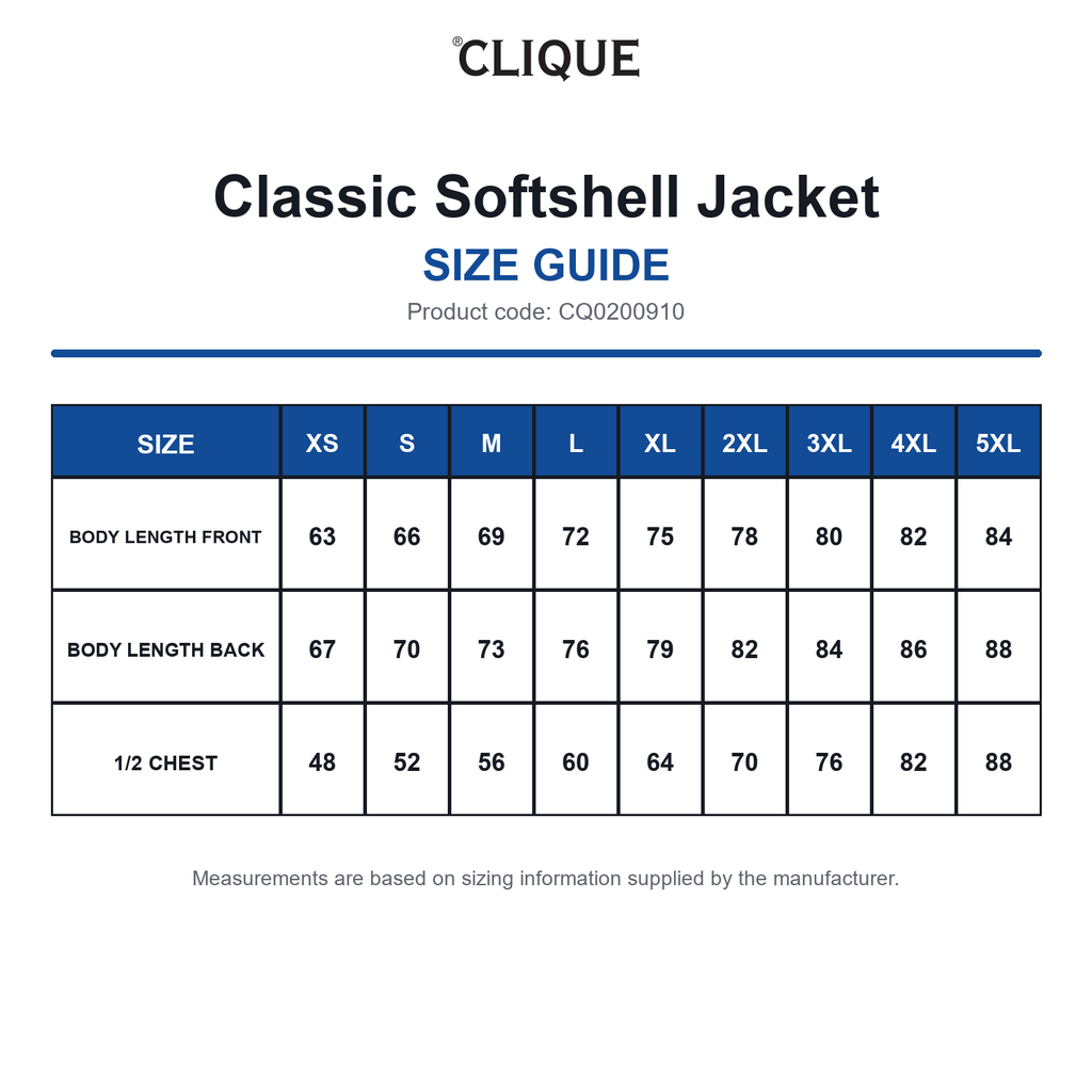 CQ0200910 Clique Classic Softshell Jacket size guide (CQ0200910)