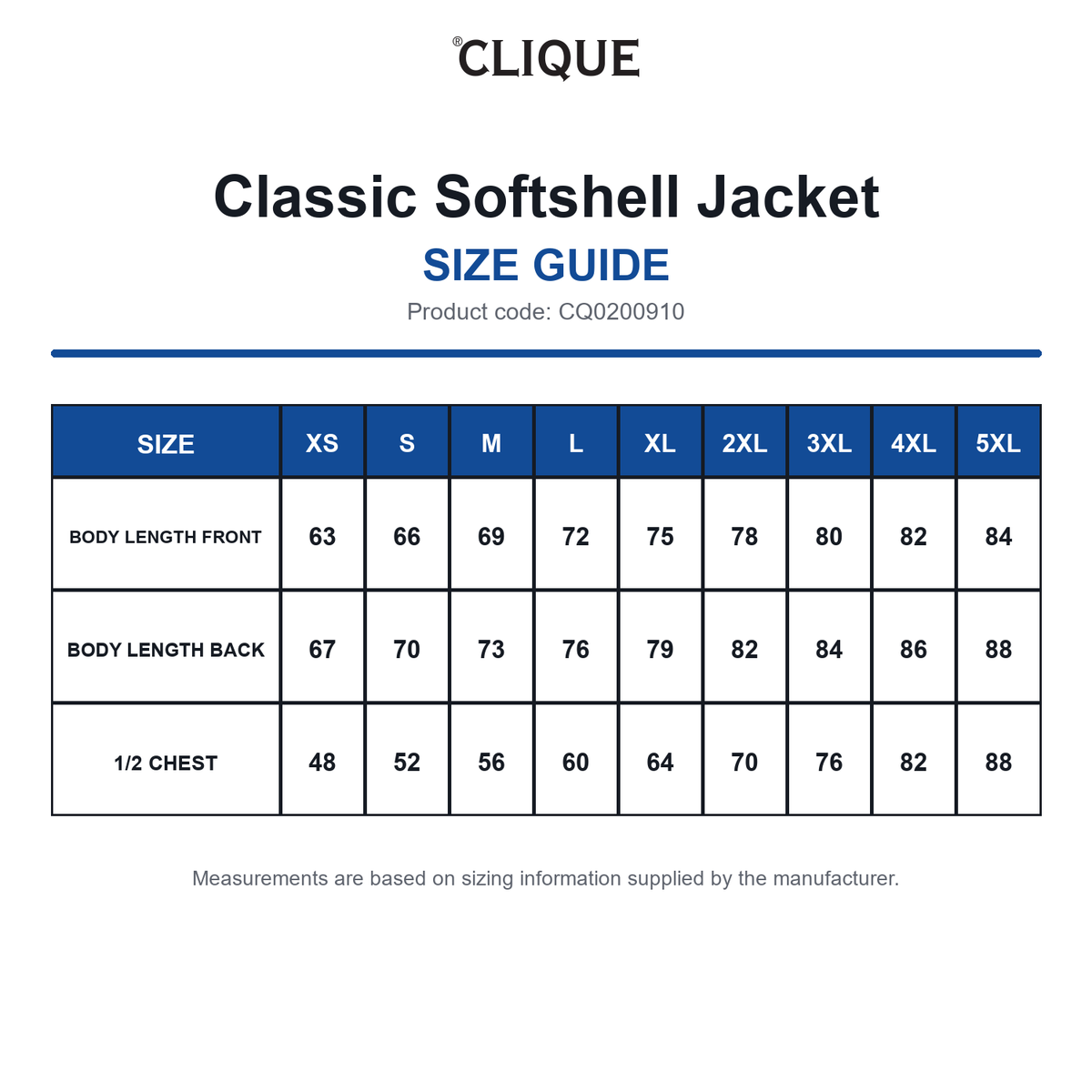 CQ0200910 Clique Classic Softshell Jacket size guide (CQ0200910)