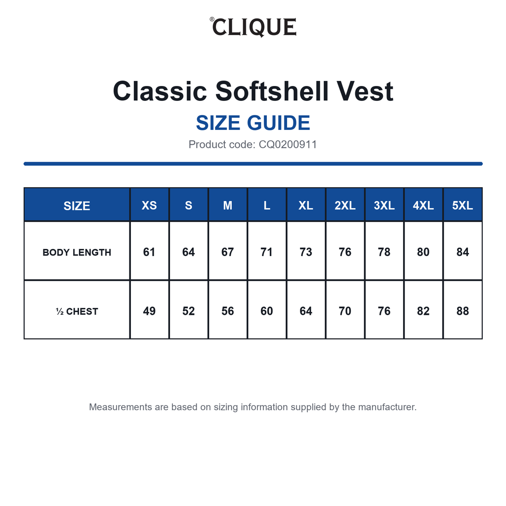 CQ0200911 Clique Classic Softshell Vest size guide (CQ0200911)