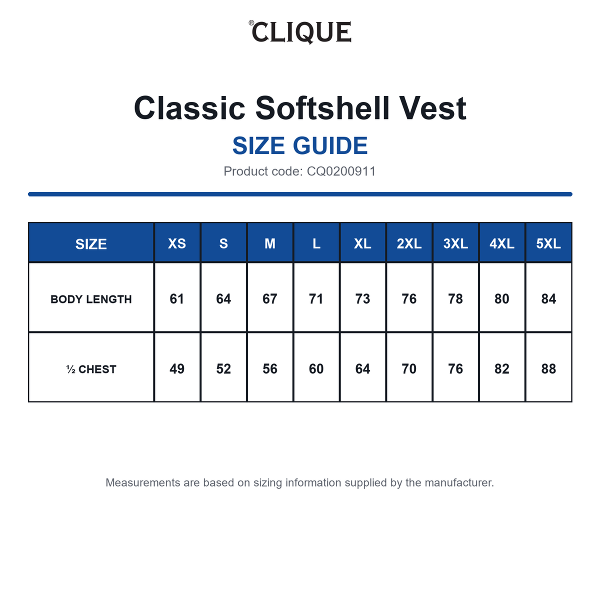 CQ0200911 Clique Classic Softshell Vest size guide (CQ0200911)