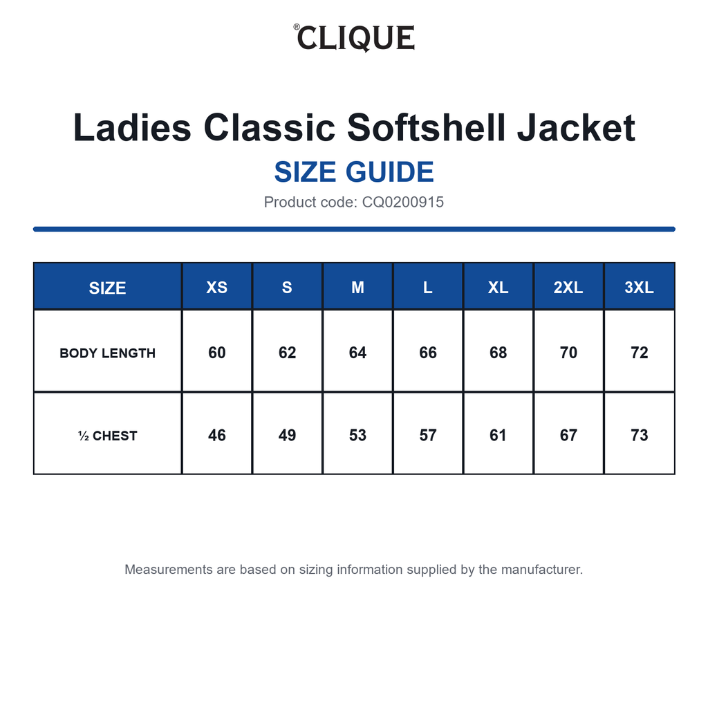 CQ0200915 Clique Ladies Classic Softshell Jacket size guide (CQ0200915)