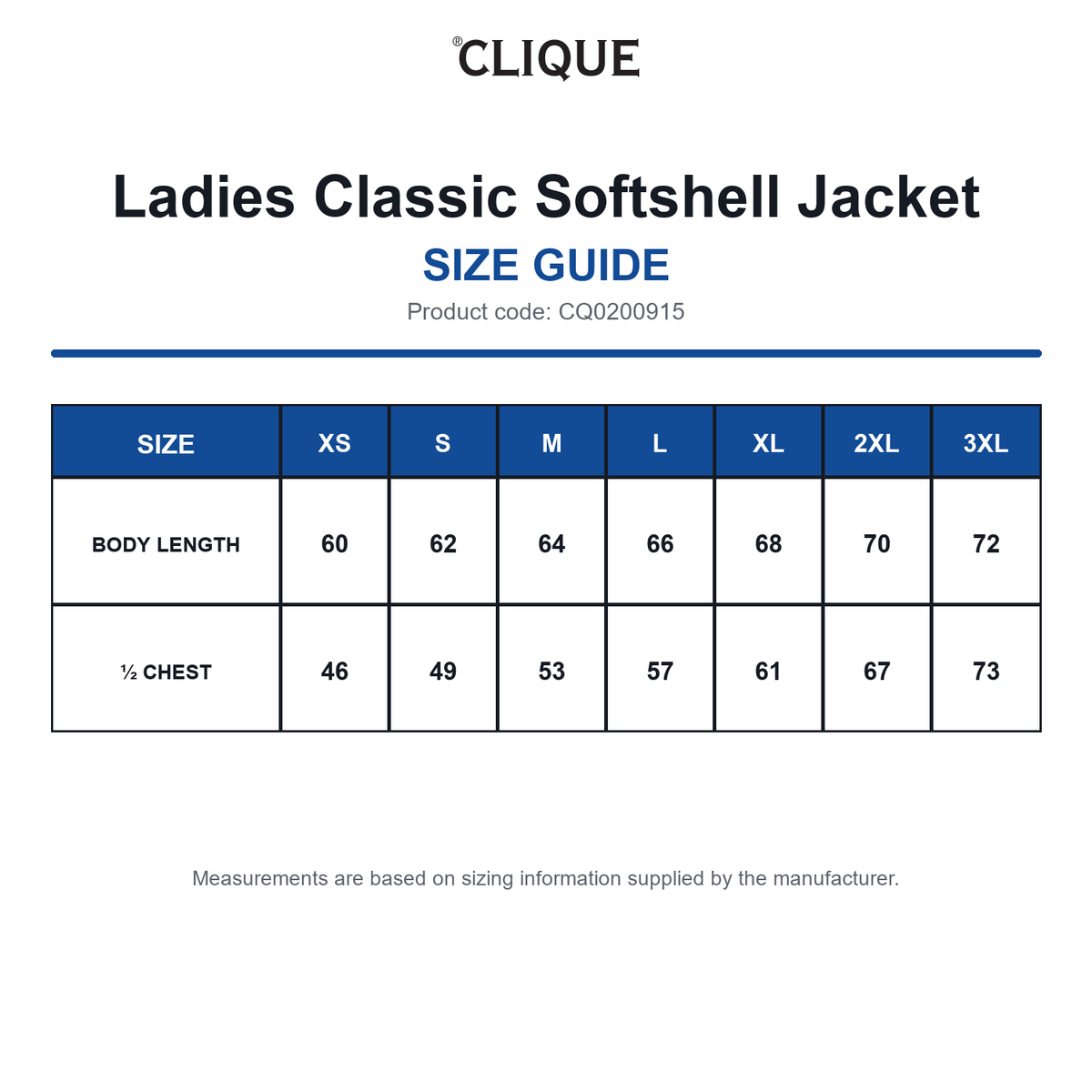 CQ0200915 Clique Ladies Classic Softshell Jacket size guide (CQ0200915)