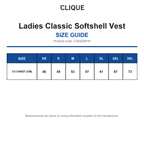 CQ0200916 Clique Ladies Classic Softshell Vest size guide (CQ0200916)