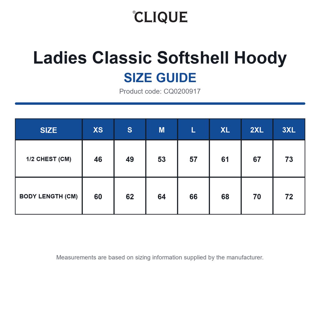 CQ0200917 Clique Ladies Classic Softshell Hoody size guide (CQ0200917)
