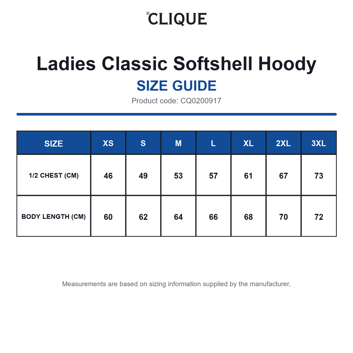 CQ0200917 Clique Ladies Classic Softshell Hoody size guide (CQ0200917)