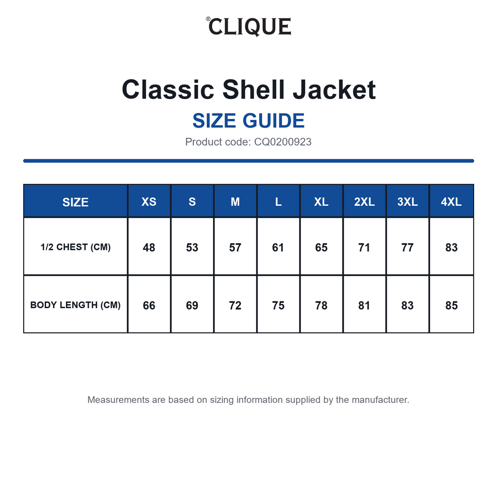 CQ0200923 Clique Classic Shell Jacket size guide (CQ0200923)
