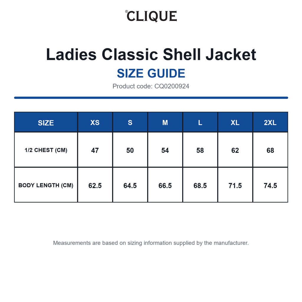CQ0200924 Clique Ladies Classic Shell Jacket size guide (CQ0200924)