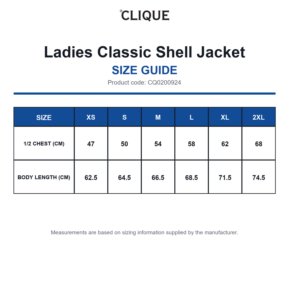 CQ0200924 Clique Ladies Classic Shell Jacket size guide (CQ0200924)
