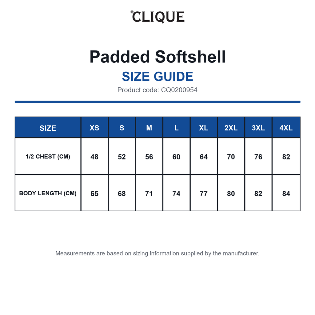 CQ0200954 Clique Padded Softshell size guide (CQ0200954)