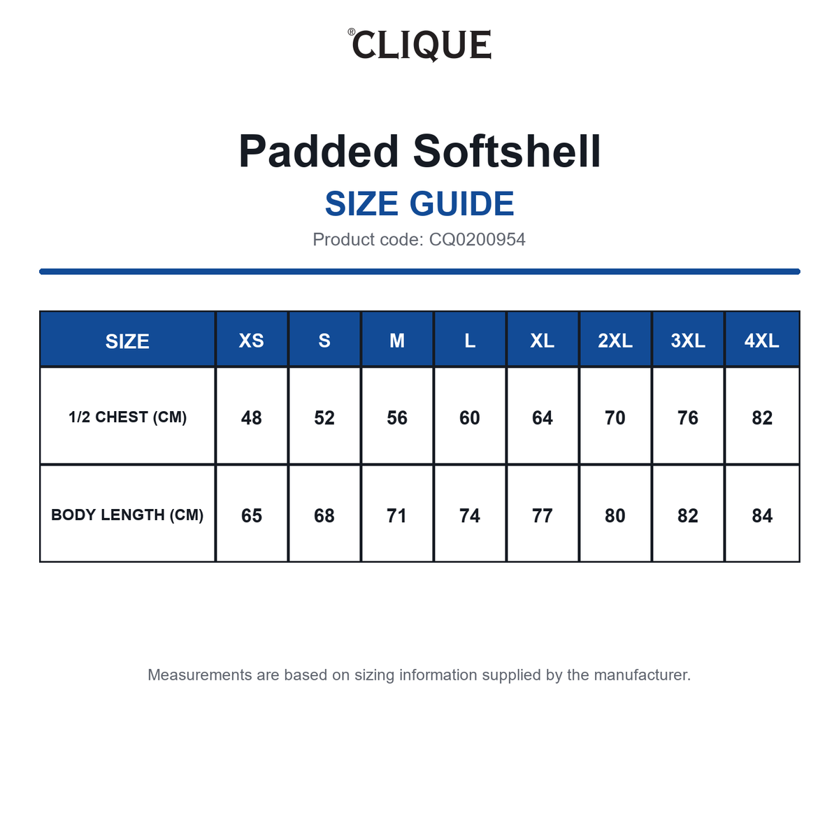 CQ0200954 Clique Padded Softshell size guide (CQ0200954)