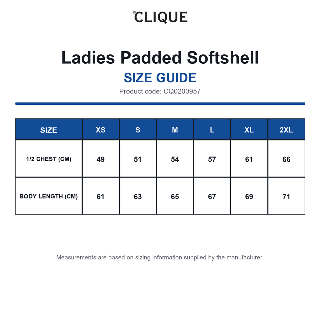 CQ0200957 Clique Ladies Padded Softshell size guide (CQ0200957)