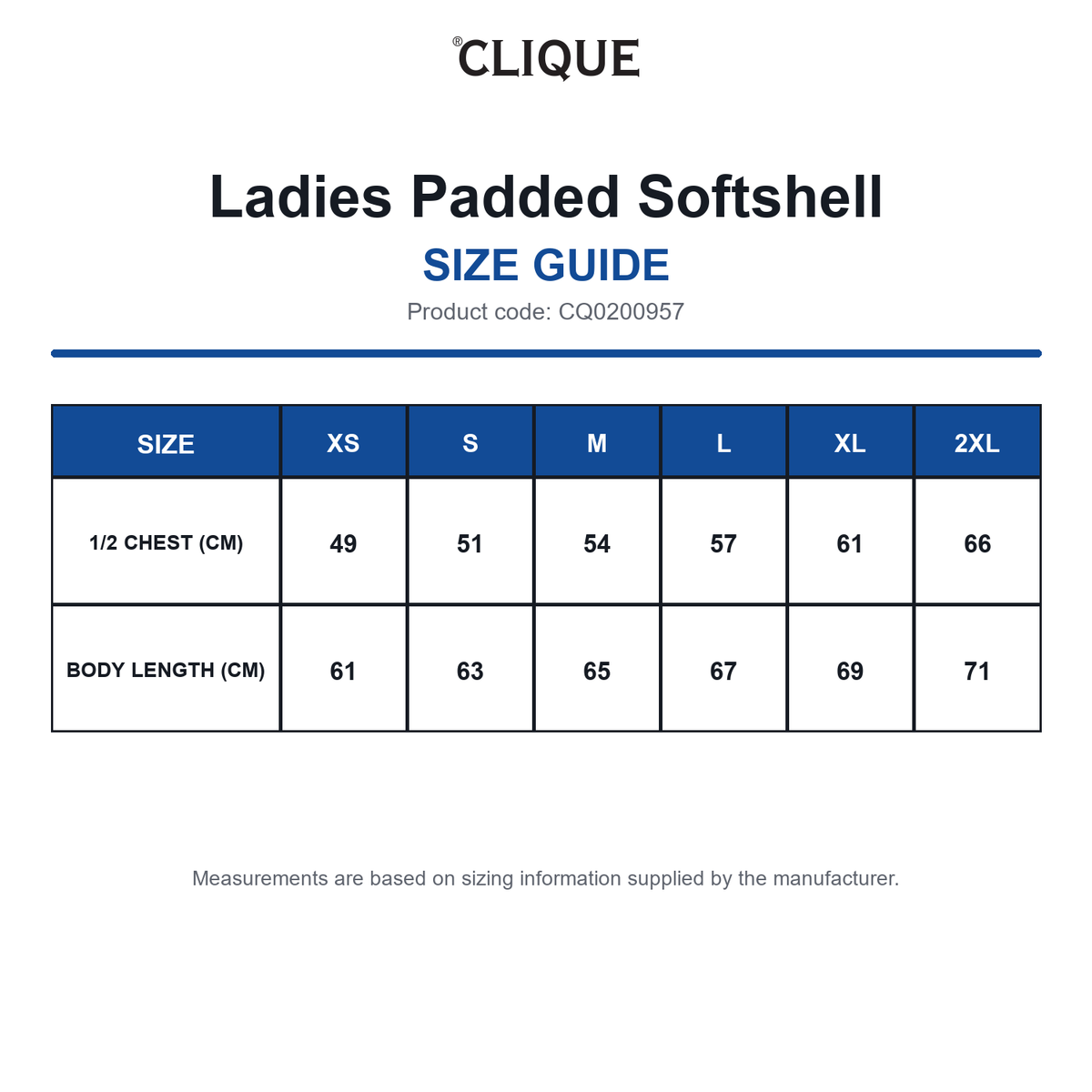 CQ0200957 Clique Ladies Padded Softshell size guide (CQ0200957)