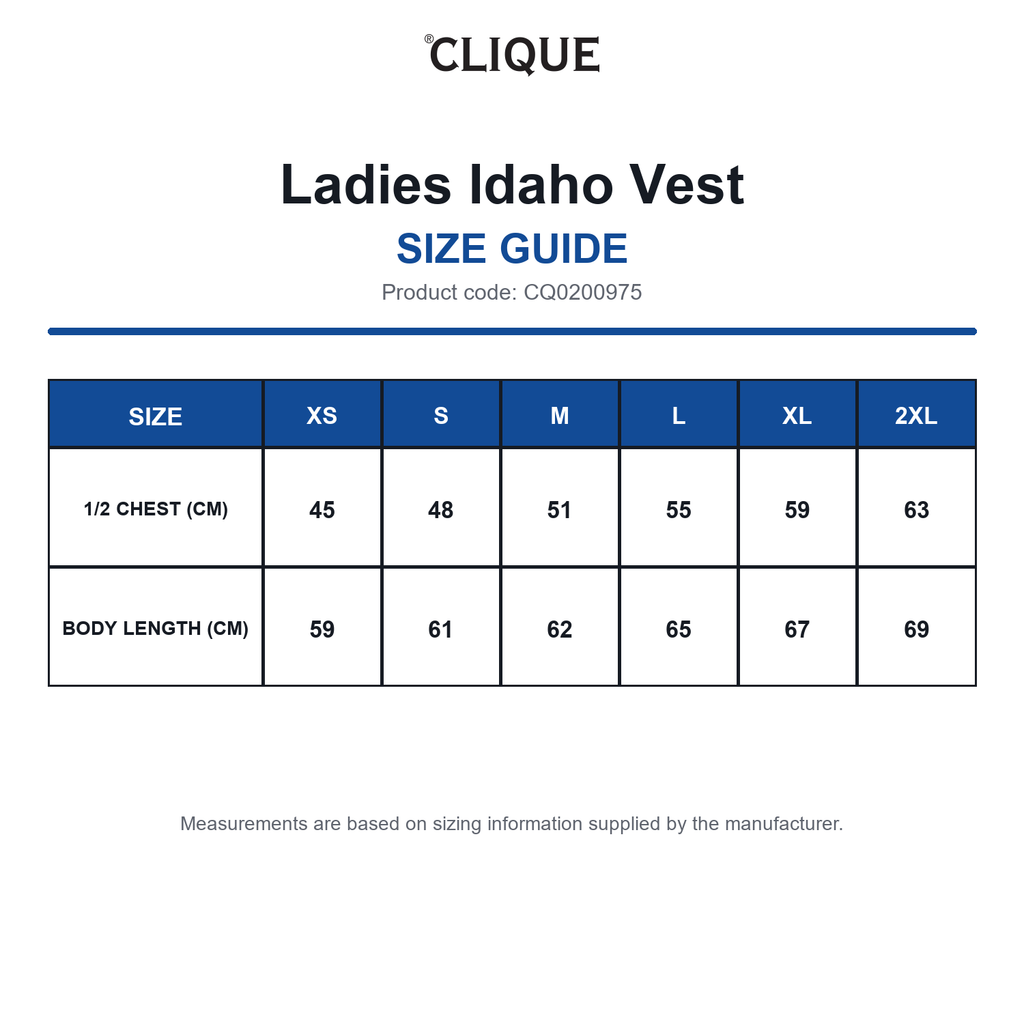 CQ0200975 Clique Ladies Idaho Vest size guide (CQ0200975)
