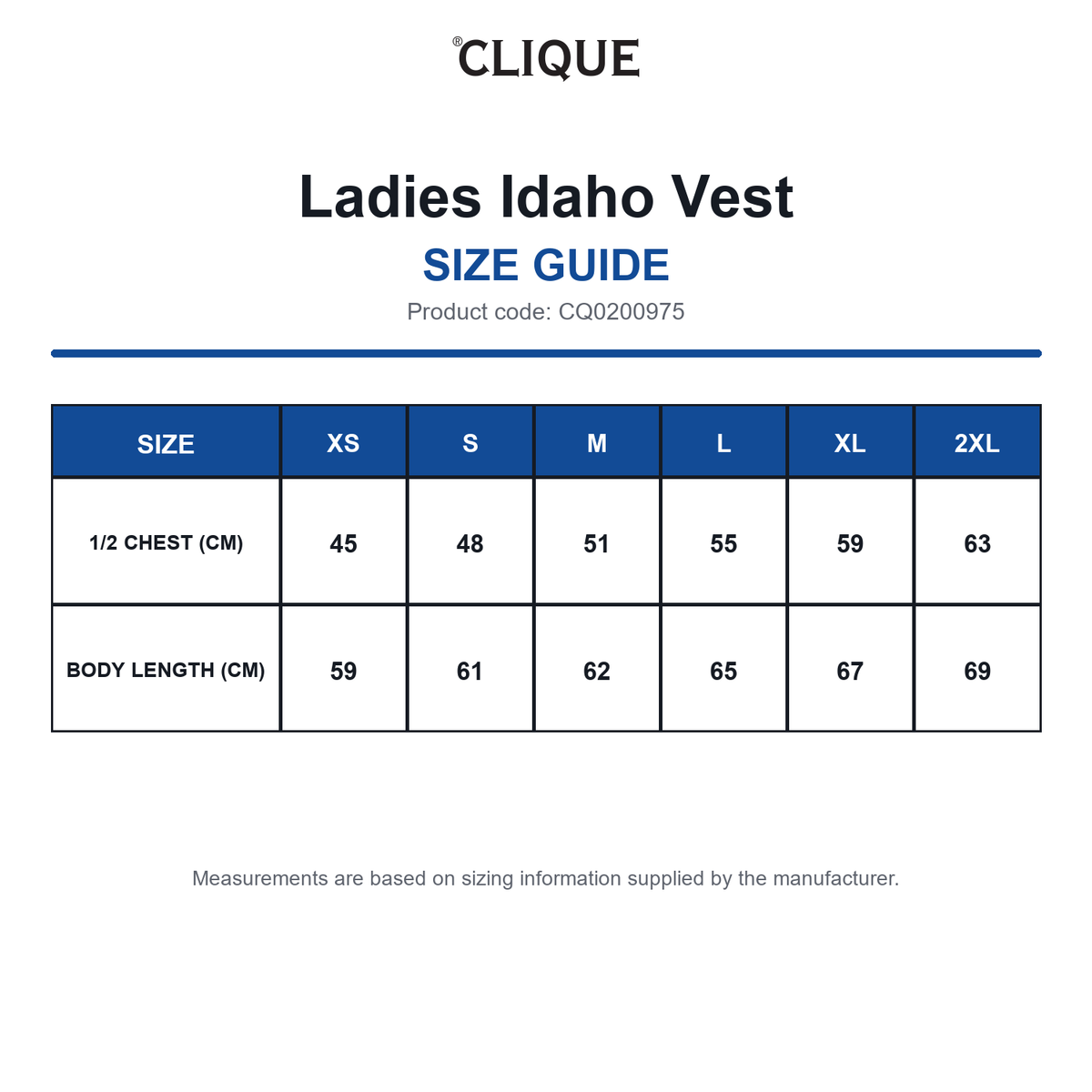 CQ0200975 Clique Ladies Idaho Vest size guide (CQ0200975)