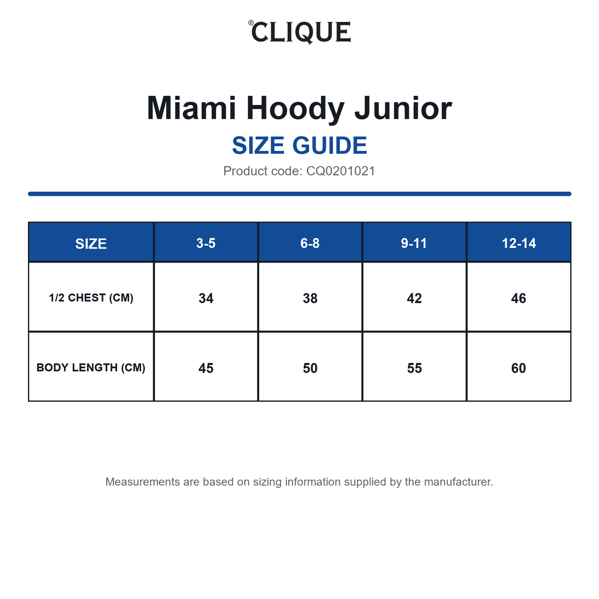 CQ0201021 Clique Miami Hoody Junior size guide (CQ0201021)