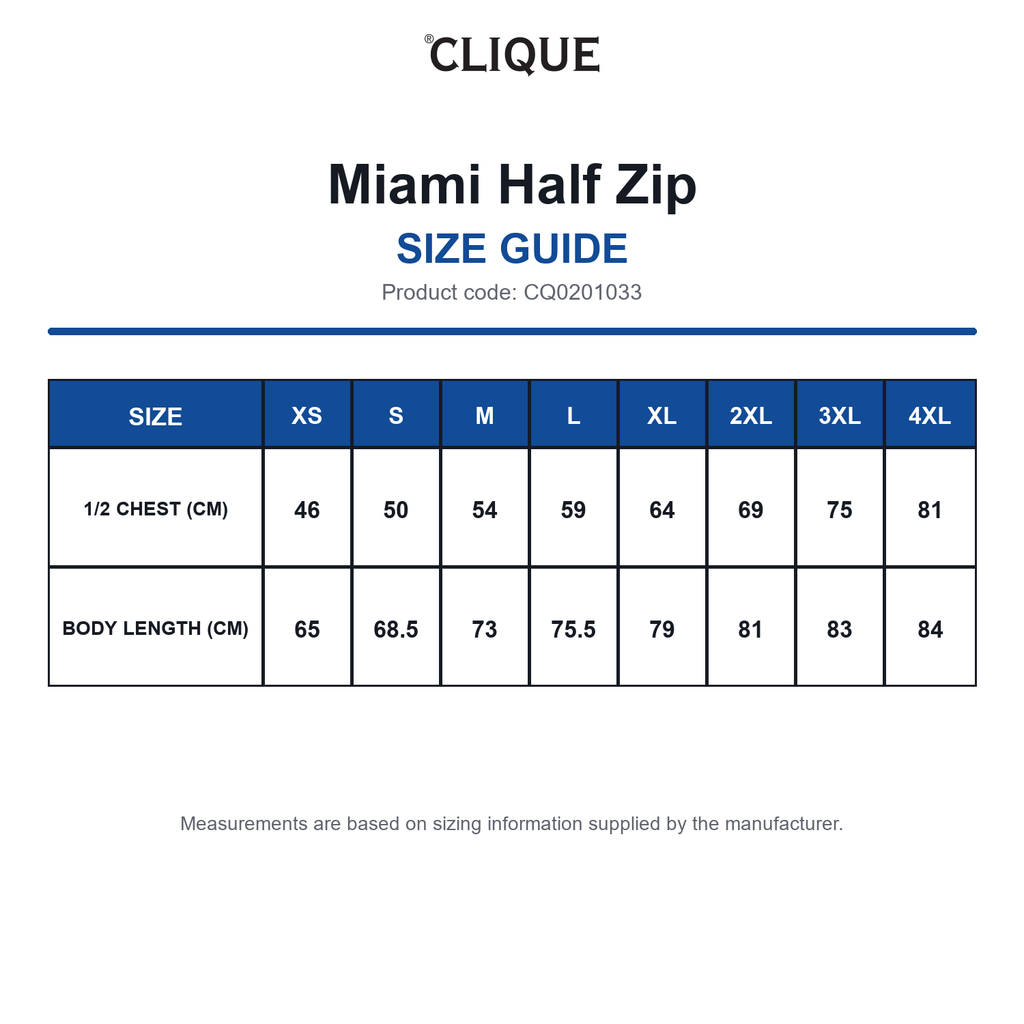 CQ0201033 Clique Miami Half Zip size guide (CQ0201033)