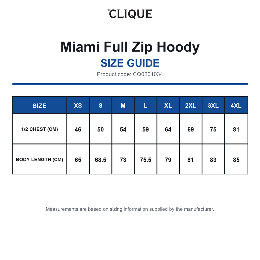CQ0201034 Clique Miami Full Zip Hoody size guide (CQ0201034)
