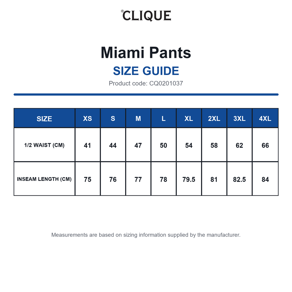 CQ0201037 Clique Miami Pants size guide (CQ0201037)