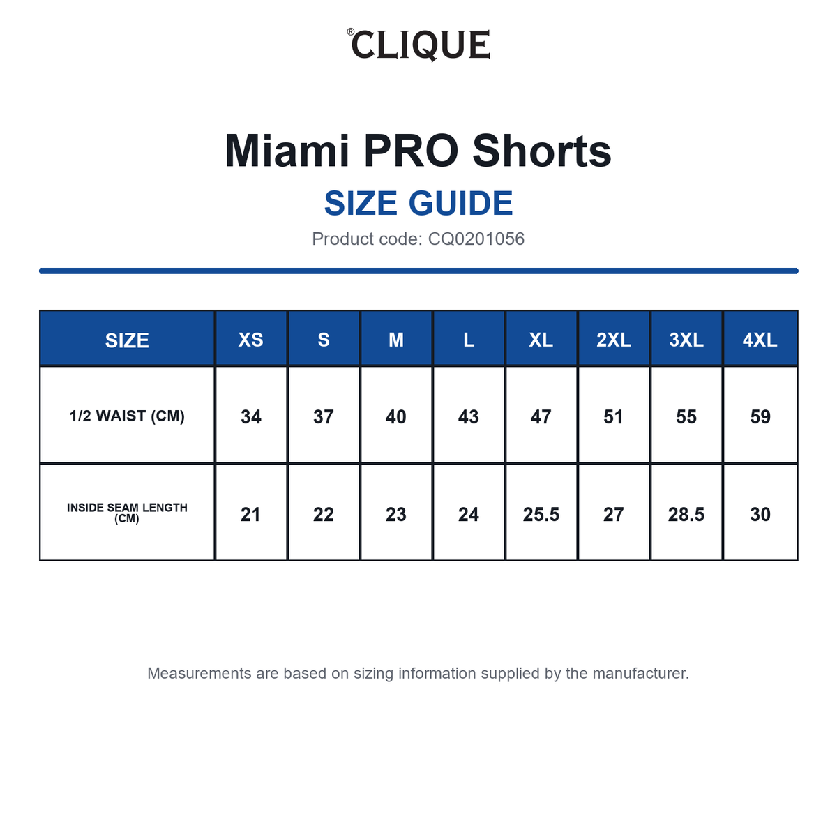 CQ0201056 Clique Miami PRO Shorts size guide (CQ0201056)