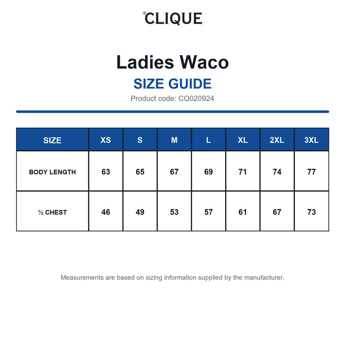 CQ020924 Clique Ladies Waco size guide (CQ020924)