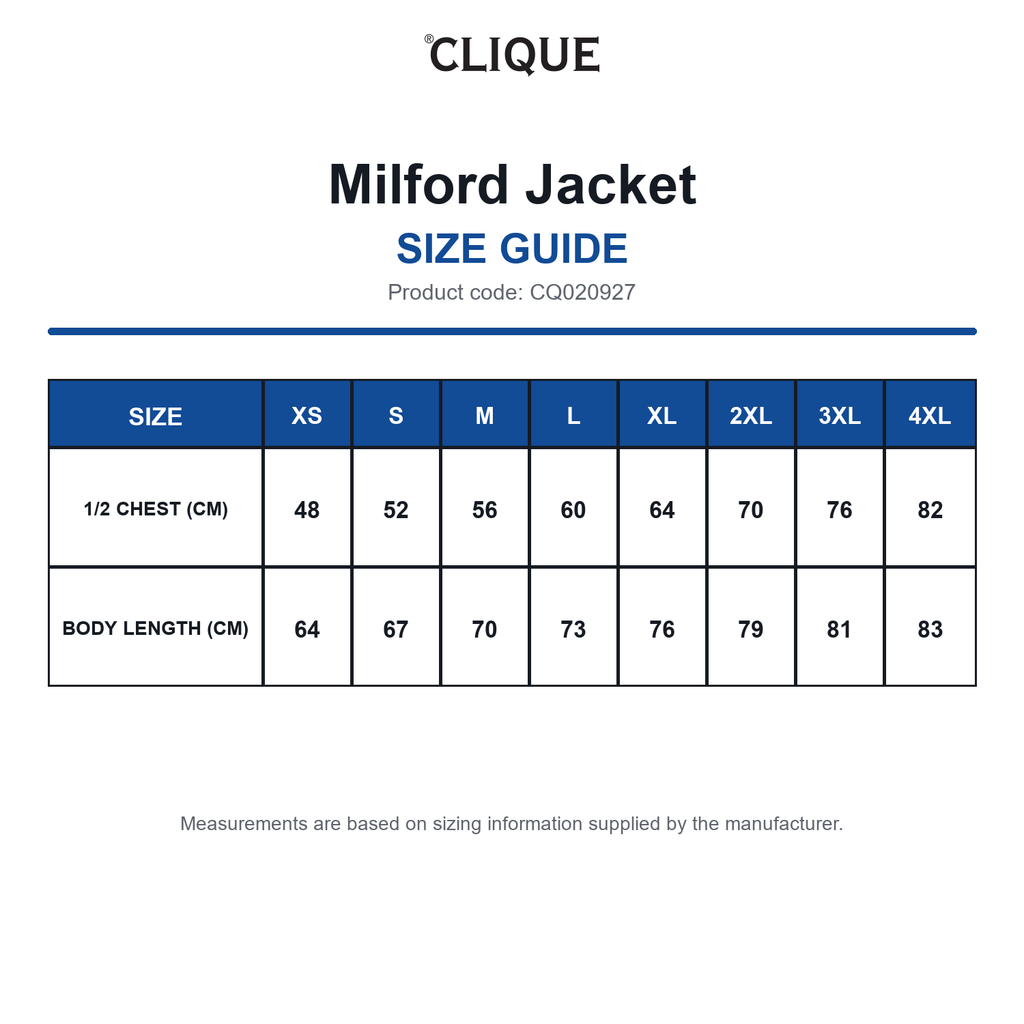 CQ020927 Clique Milford Jacket size guide (CQ020927)