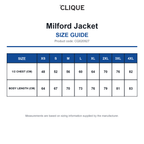 CQ020927 Clique Milford Jacket size guide (CQ020927)