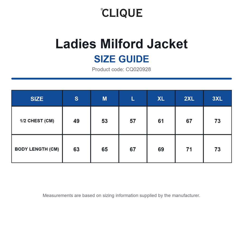 CQ020928 Clique Ladies Milford Jacket size guide (CQ020928)