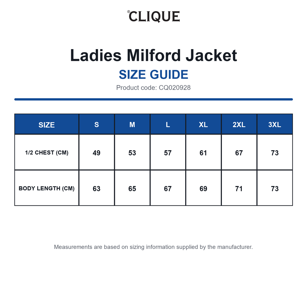 CQ020928 Clique Ladies Milford Jacket size guide (CQ020928)