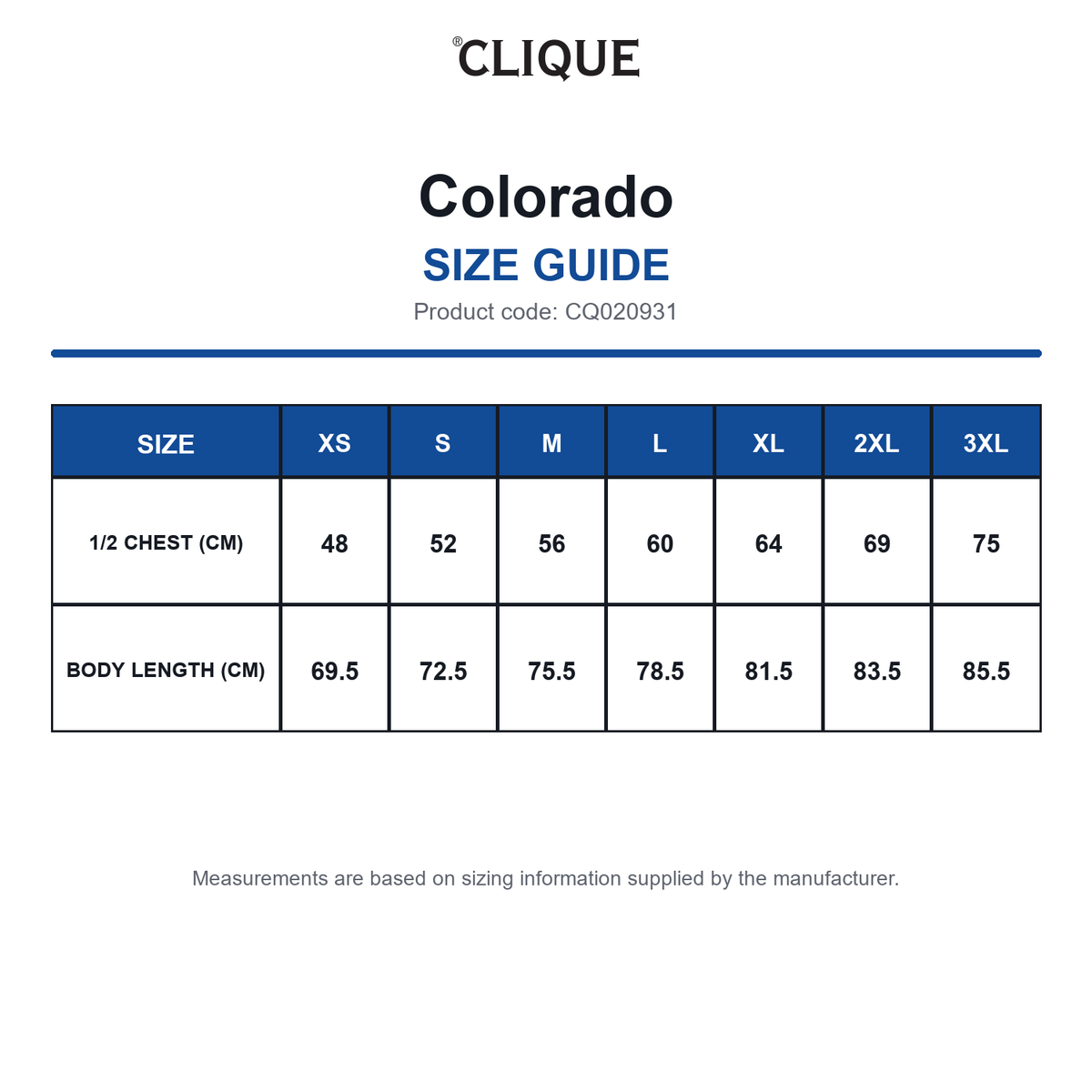 CQ020931 Clique Colorado size guide (CQ020931)