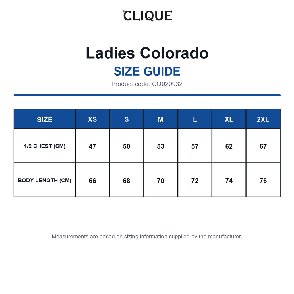CQ020932 Clique Ladies Colorado size guide (CQ020932)