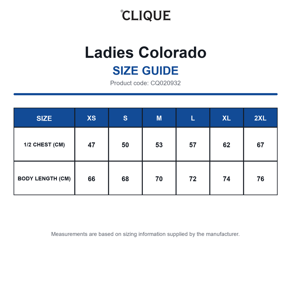 CQ020932 Clique Ladies Colorado size guide (CQ020932)