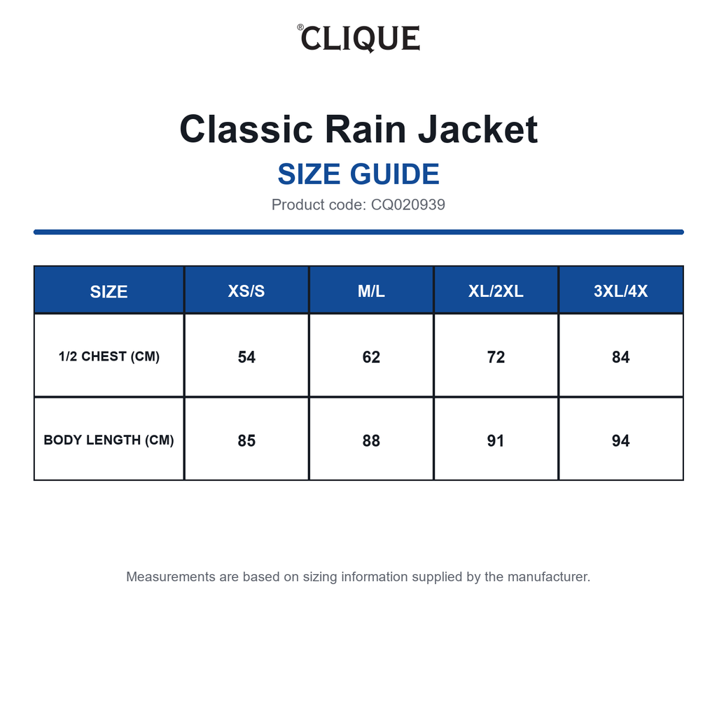 CQ020939 Clique Classic Rain Jacket size guide (CQ020939)