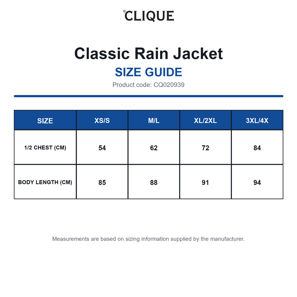 CQ020939 Clique Classic Rain Jacket size guide (CQ020939)