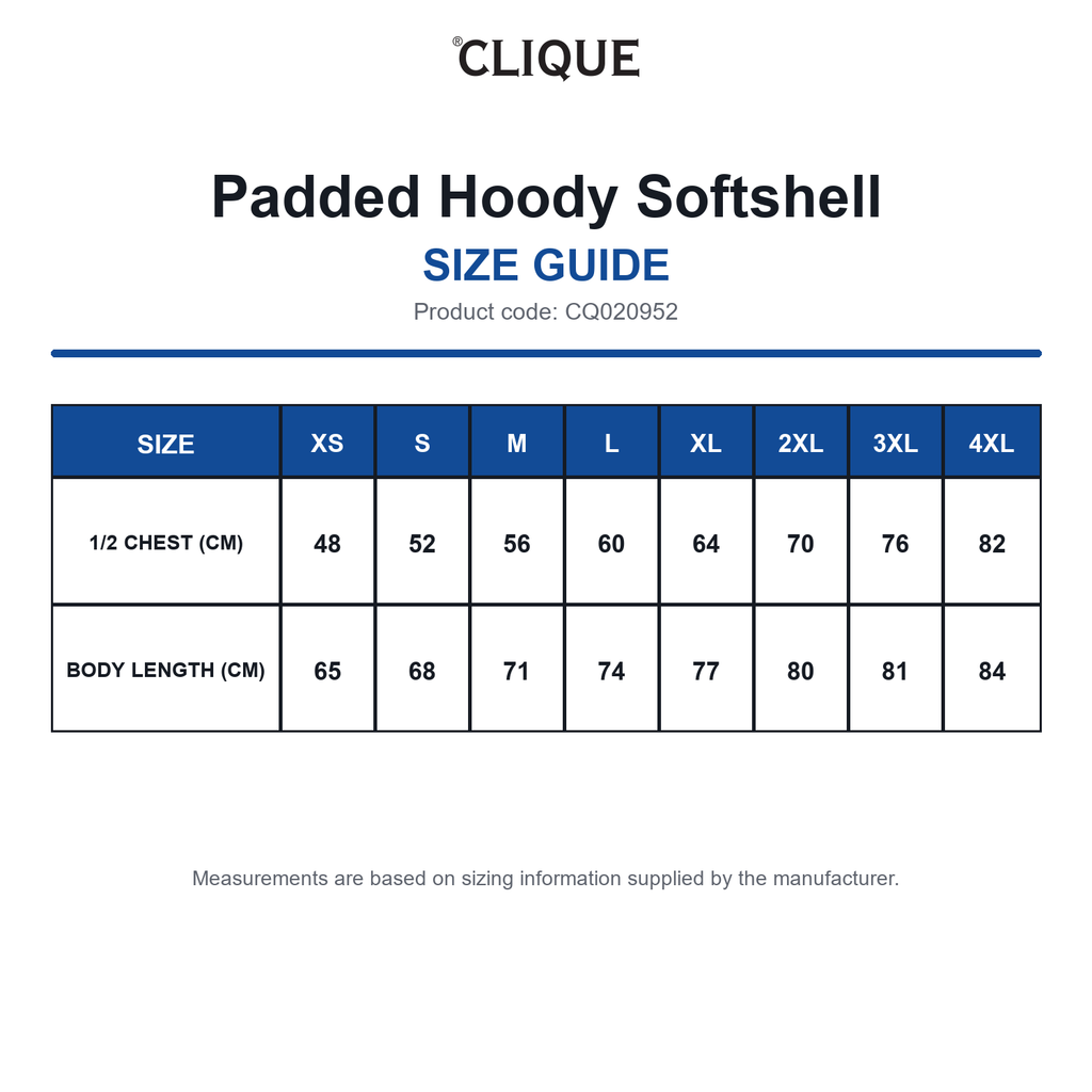 CQ020952 Clique Padded Hoody Softshell size guide (CQ020952)