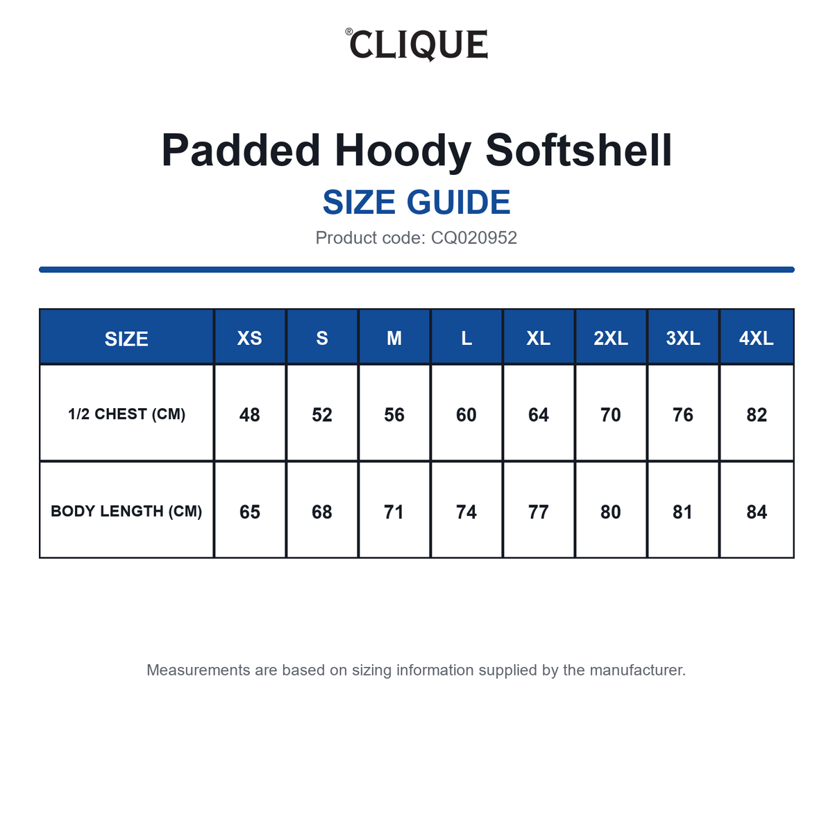 CQ020952 Clique Padded Hoody Softshell size guide (CQ020952)