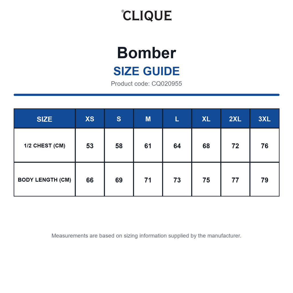 CQ020955 Clique Bomber size guide (CQ020955)