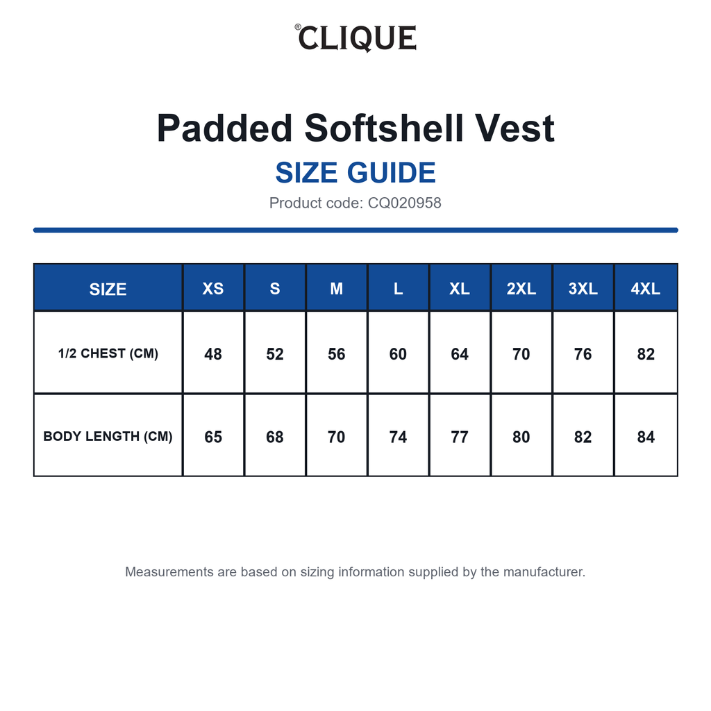 CQ020958 Clique Padded Softshell Vest size guide (CQ020958)
